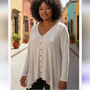 🩷Knox Rose White with Light Gray Stripes and Lace Button-Down Shirt